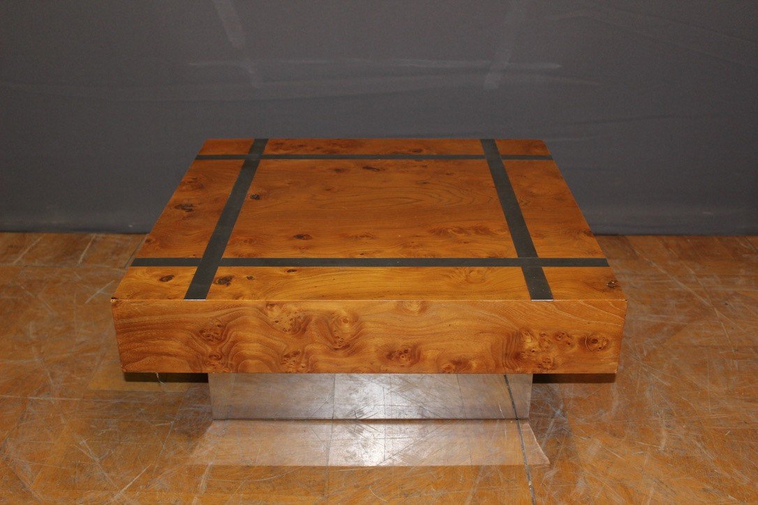 Square Coffee Table In Ash And Stainless Steel Circa 1970-photo-3