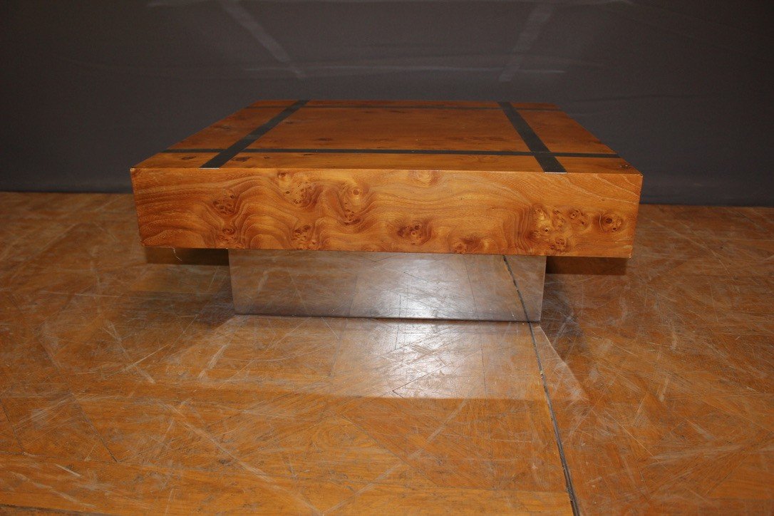 Square Coffee Table In Ash And Stainless Steel Circa 1970-photo-2