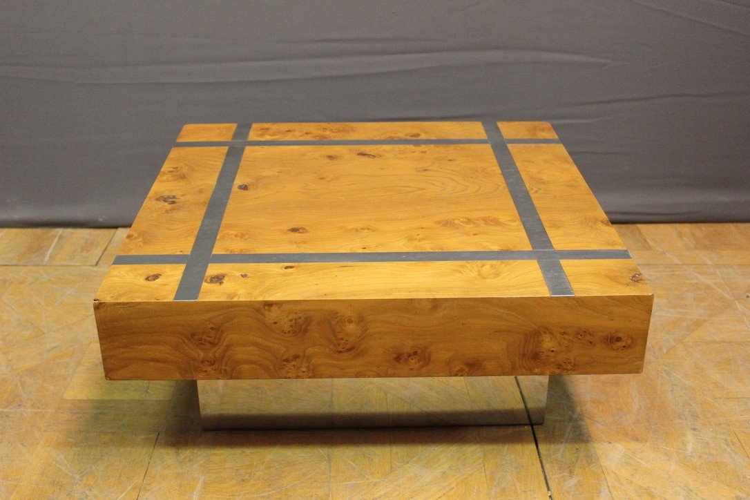 Square Coffee Table In Ash And Stainless Steel Circa 1970