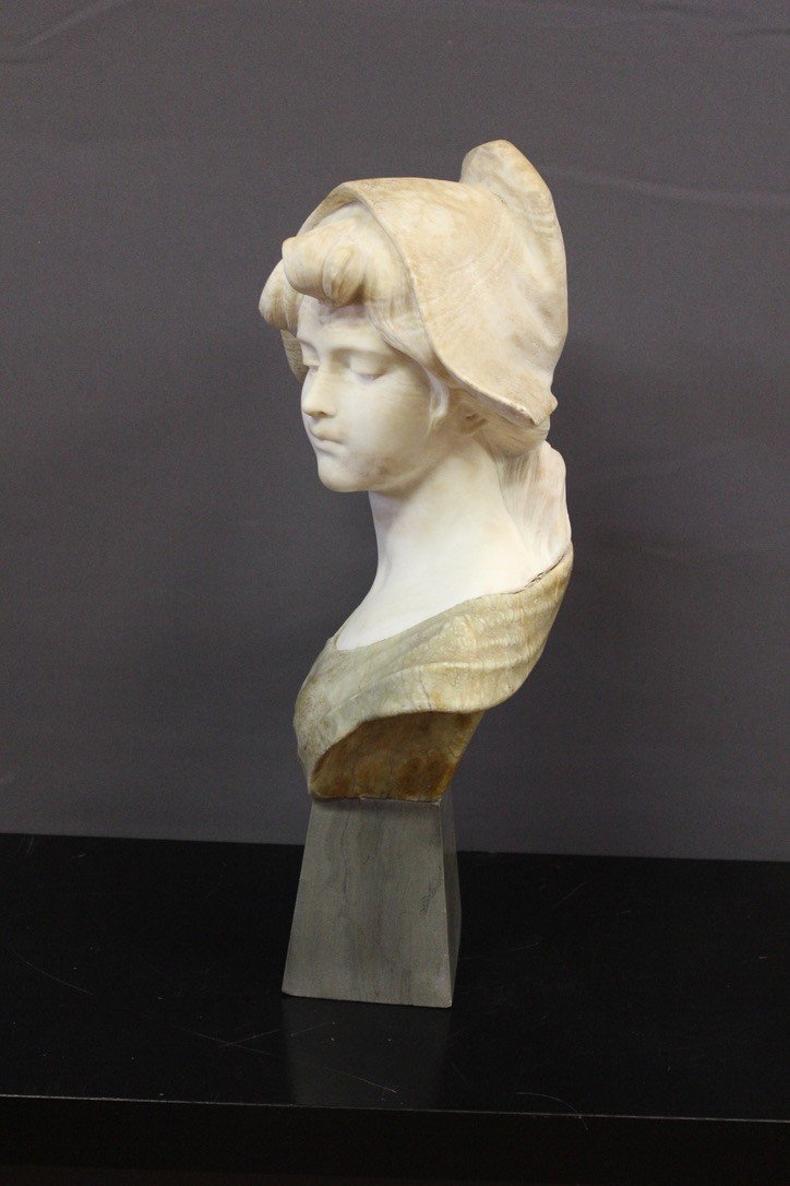 Buste De Jeune Fille En Albâtre à Deux Couleurs Vers 1900-photo-3