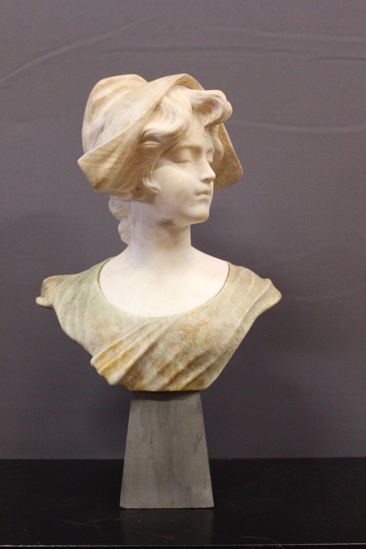 Buste De Jeune Fille En Albâtre à Deux Couleurs Vers 1900-photo-4