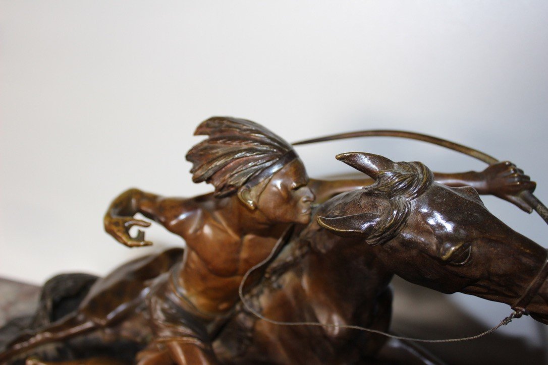 Bronze Par Edouard Drouot Indien En Embuscade Devant Son Cheval-photo-2