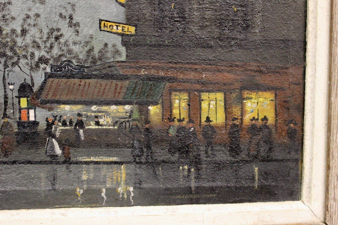 Huile Sur Toile Vue De Paris Animée Le Soir Vers 1900-photo-4
