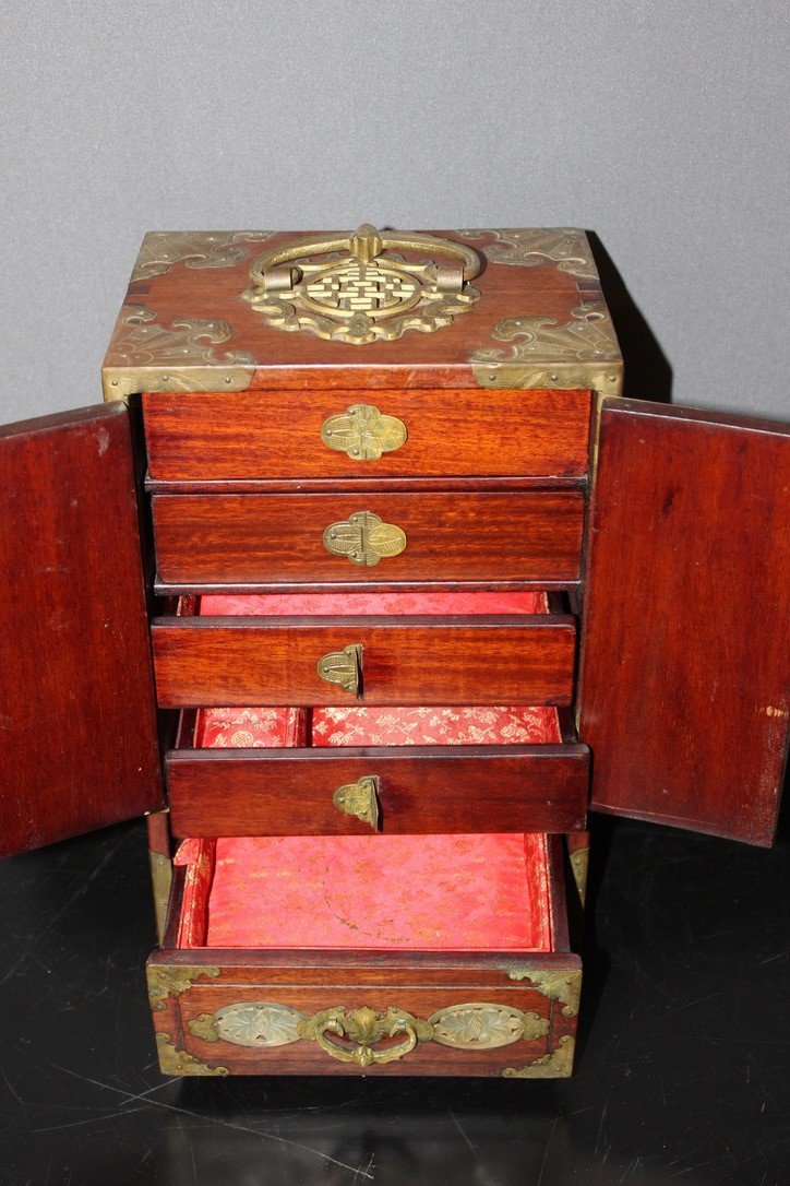 Small Chinese Cabinet In Wood And Hard Stone 20th Century -photo-4