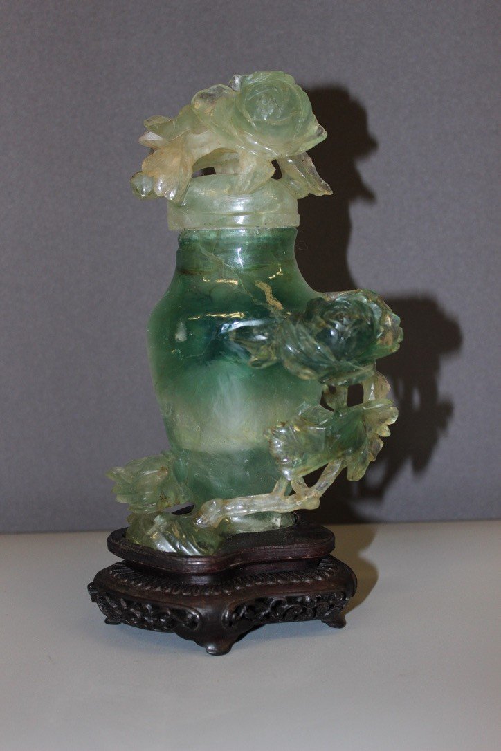 Fluorite Covered Vase With Flower Decor, Asia 