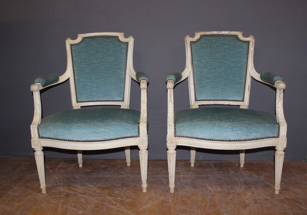 Pair Of Louis XVI Style Armchairs In White Lacquered Walnut Around 1900