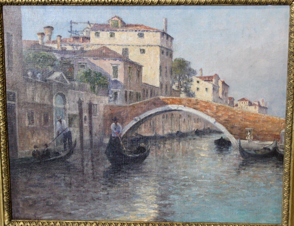 Gondoliers In Venice By Johannes Son, Oil On Canvas -photo-3
