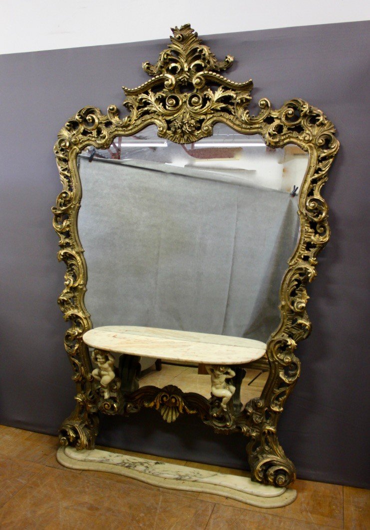Très Grand Miroir Et Console Rococo Italien Vers 1950-photo-1