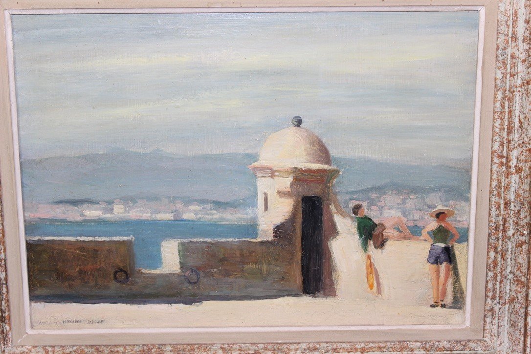 Oil On Panel Relaxing On The Ramparts By Henri Julié-photo-2