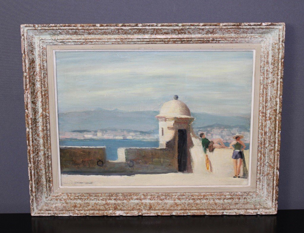 Oil On Panel Relaxing On The Ramparts By Henri Julié