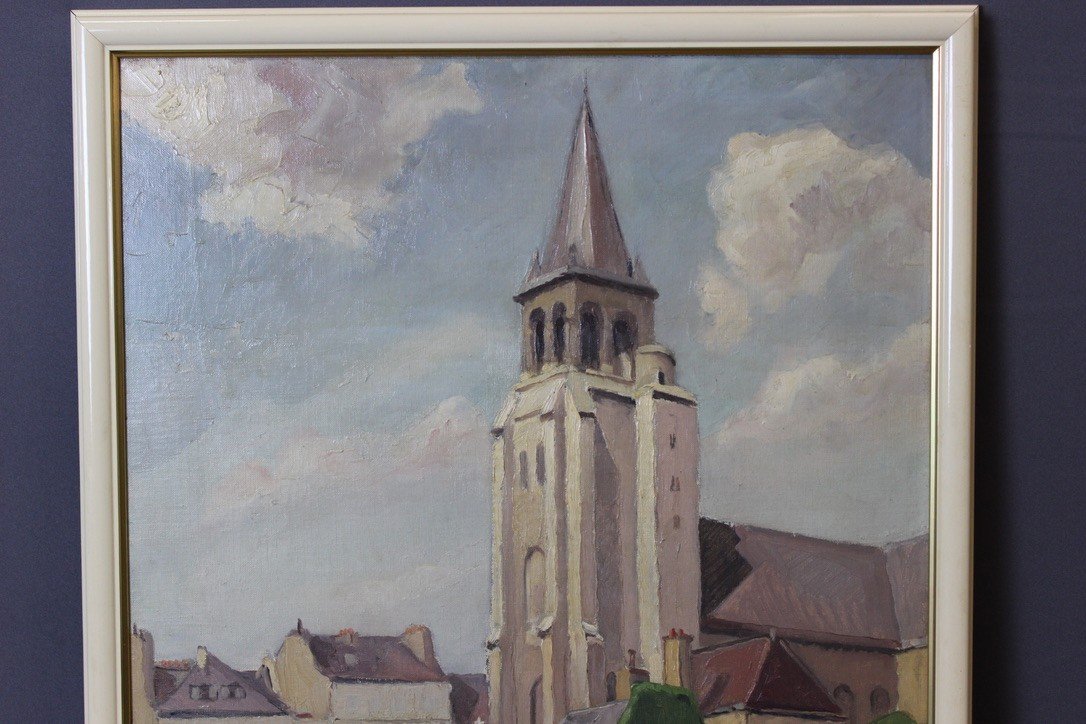 Oil On Cardboard Church Of Saint Germain Des Prés By Reillac 1937-photo-3