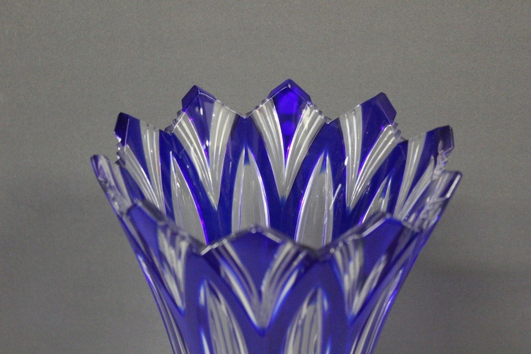 Large Bohemian Crystal Vase, Lotus Model Circa 1950-photo-3