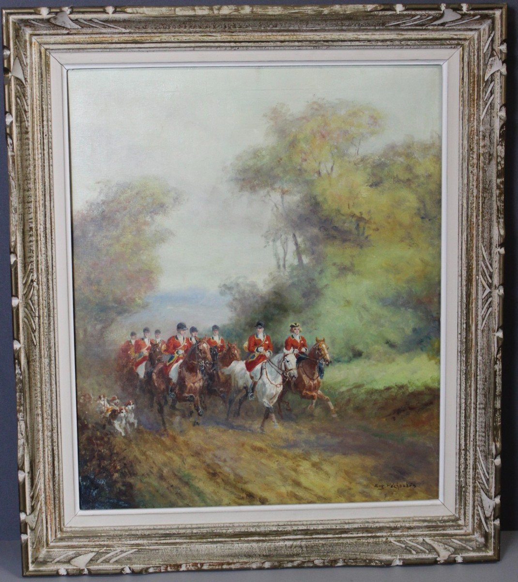 Oil On Canvas Hunting At Court By Eugène Péchaubès Circa 1930