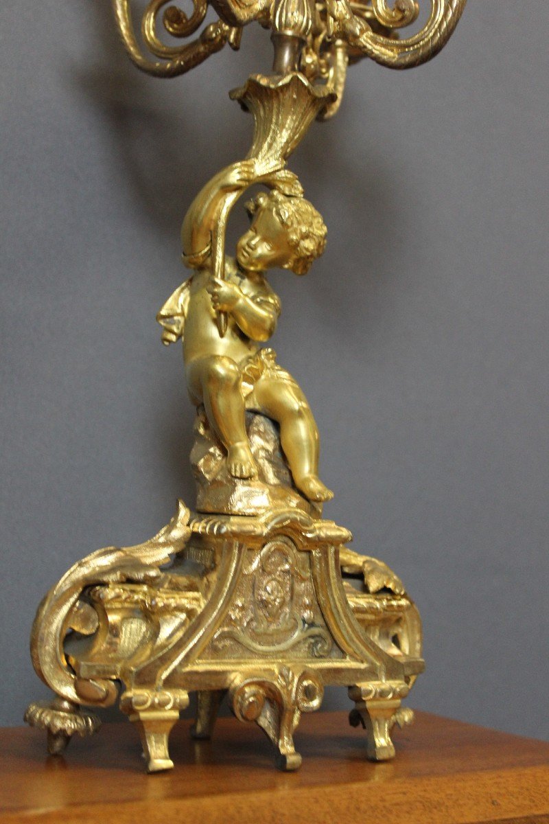 Pair Of Gilt Bronze Cherub Candlesticks, Late 19th Century-photo-4
