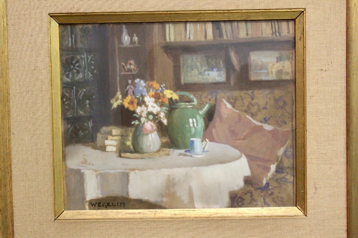 Gouache On Cardboard, Interior Decor With Jug Signed Wegelin-photo-3