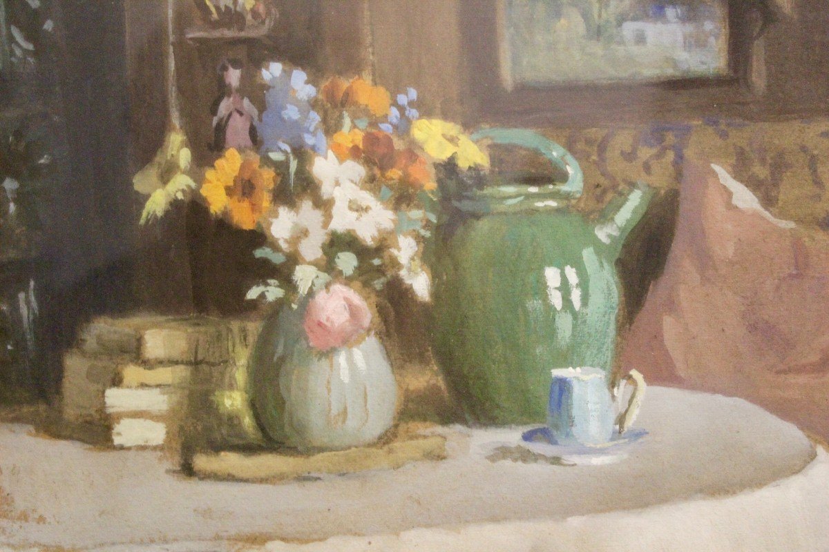 Gouache On Cardboard, Interior Decor With Jug Signed Wegelin-photo-4
