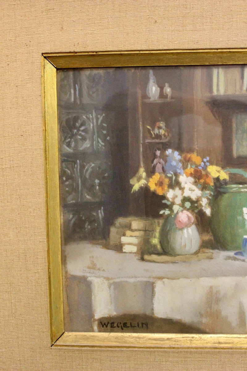 Gouache On Cardboard, Interior Decor With Jug Signed Wegelin-photo-3