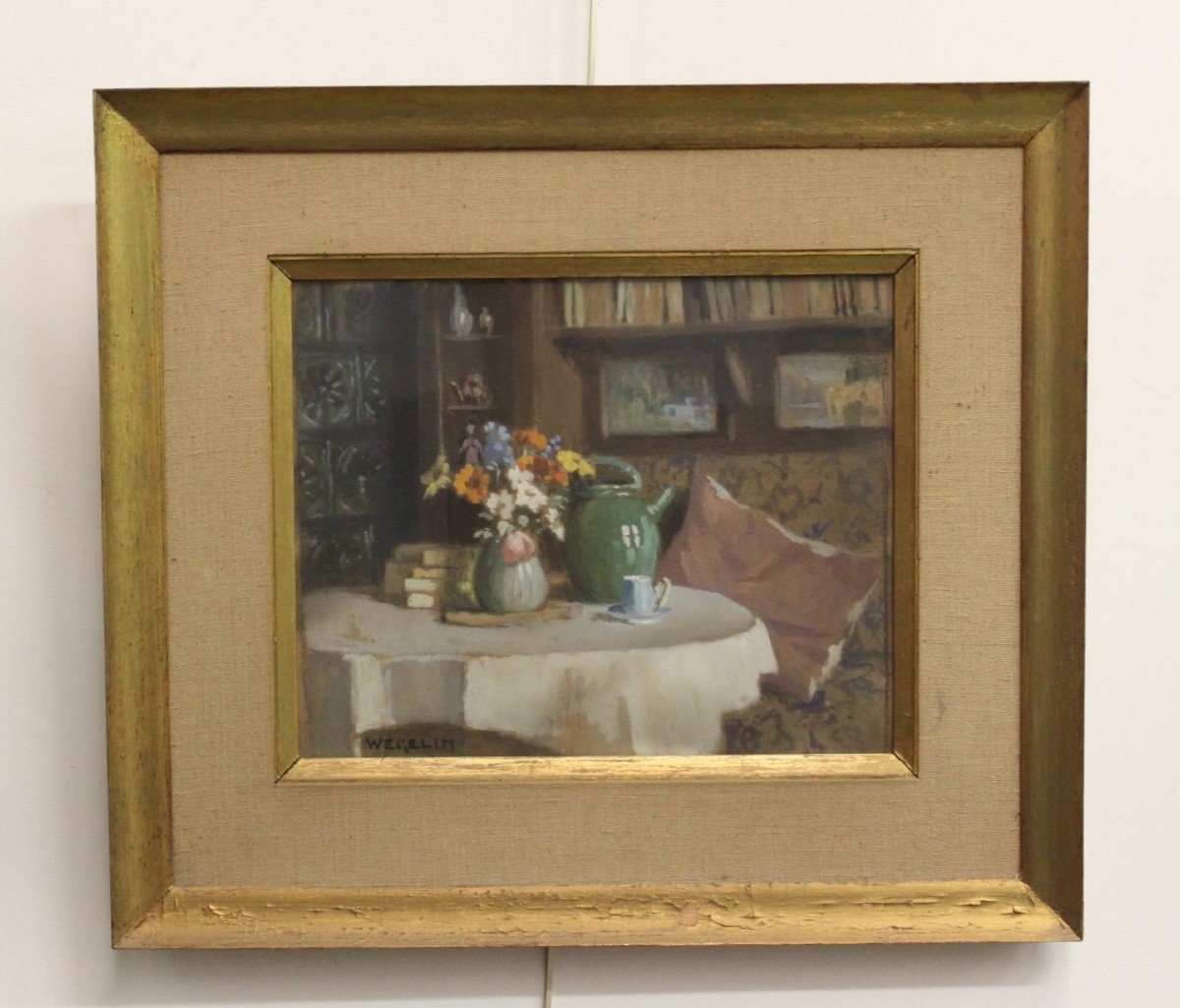 Gouache On Cardboard, Interior Decor With Jug Signed Wegelin