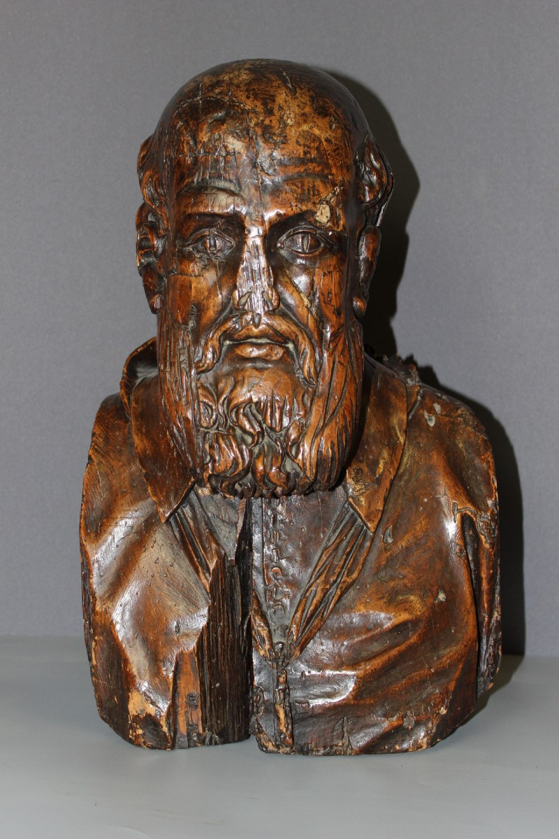 Buste En Bois Sculpté De Michel De l'Hospital Fin XVI Siècle 