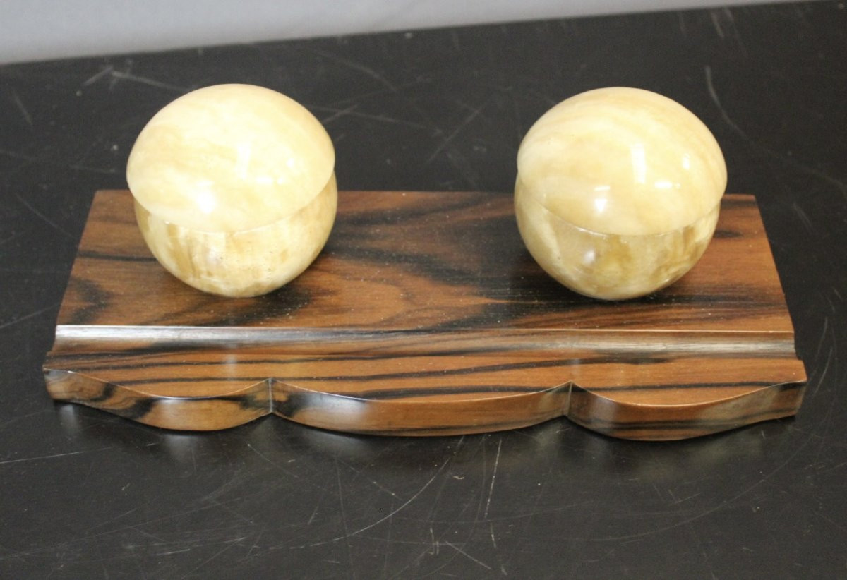 Art Deco Macassar Ebony Inkwell And Stamp-photo-2