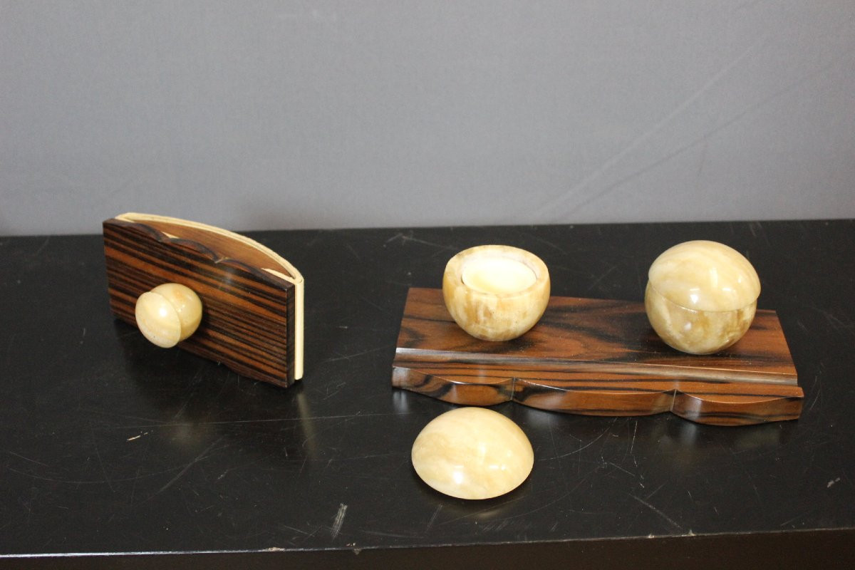 Art Deco Macassar Ebony Inkwell And Stamp-photo-3