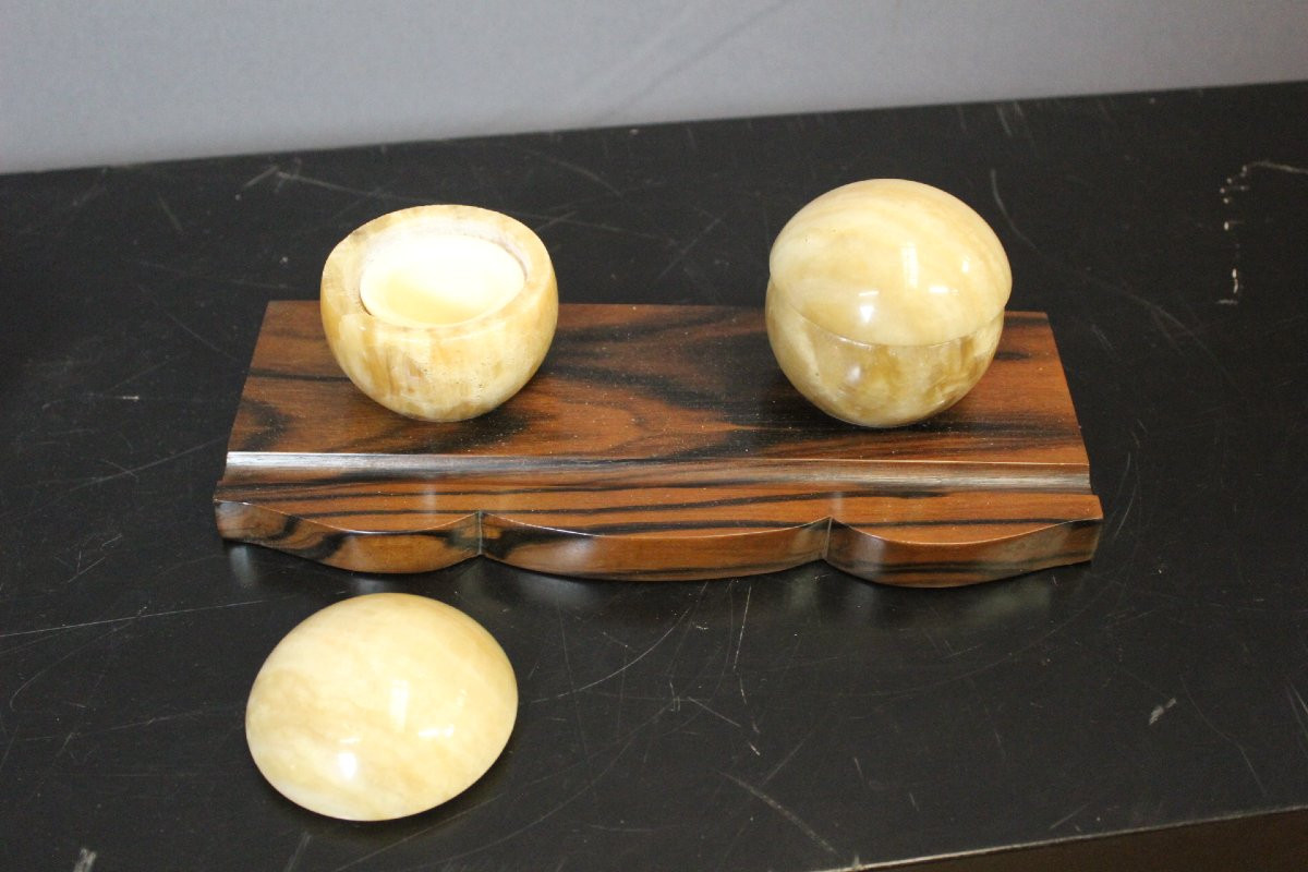 Art Deco Macassar Ebony Inkwell And Stamp-photo-4
