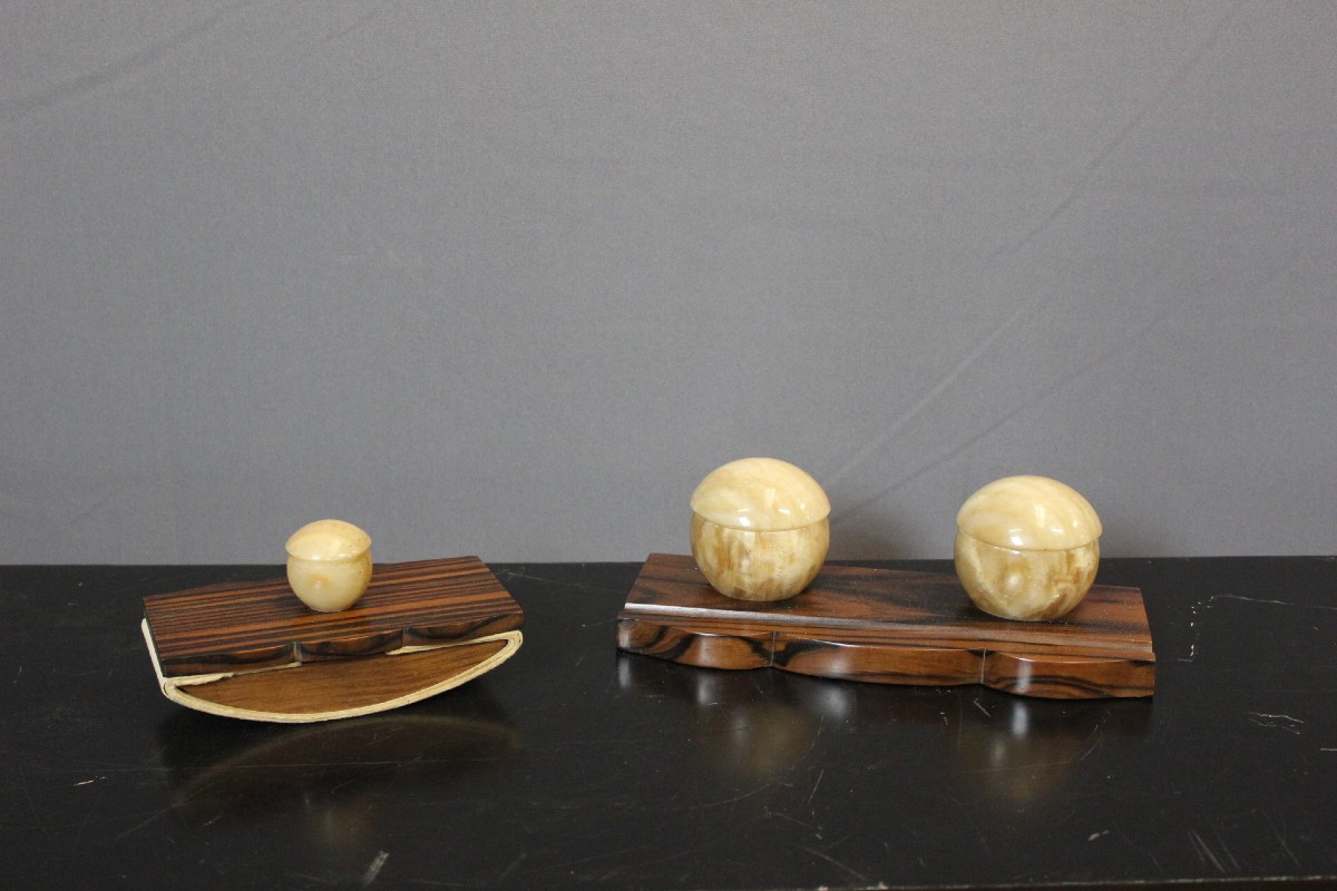 Art Deco Macassar Ebony Inkwell And Stamp