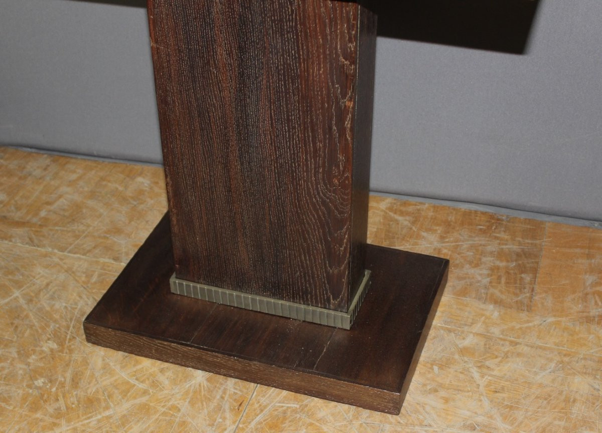 Guéridon Art déco en chêne et bronze nickelé vers 1930-photo-1