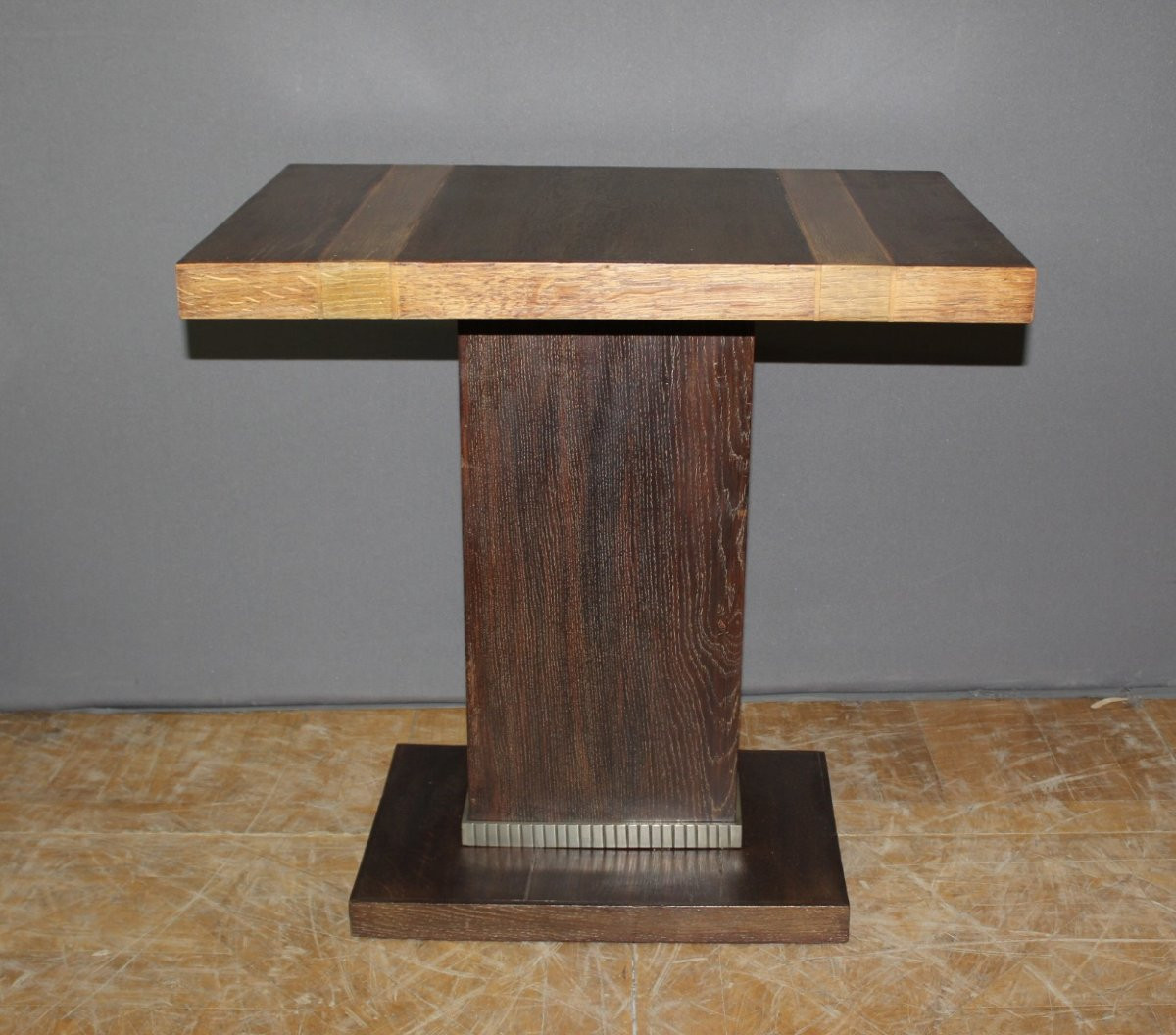 Guéridon Art déco en chêne et bronze nickelé vers 1930-photo-2
