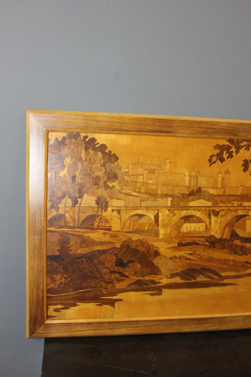 Large Marquetry Panel  Decor Cité De Carcassonne Circa 1930-photo-2