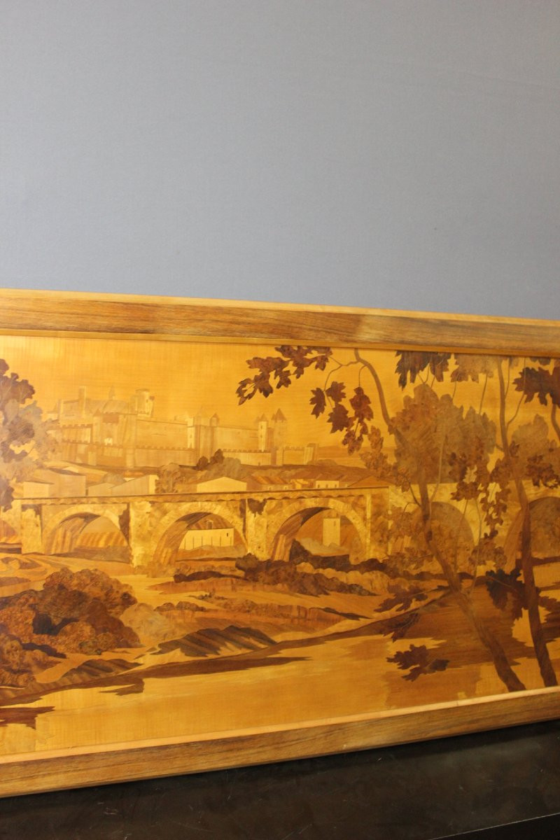 Large Marquetry Panel  Decor Cité De Carcassonne Circa 1930-photo-3