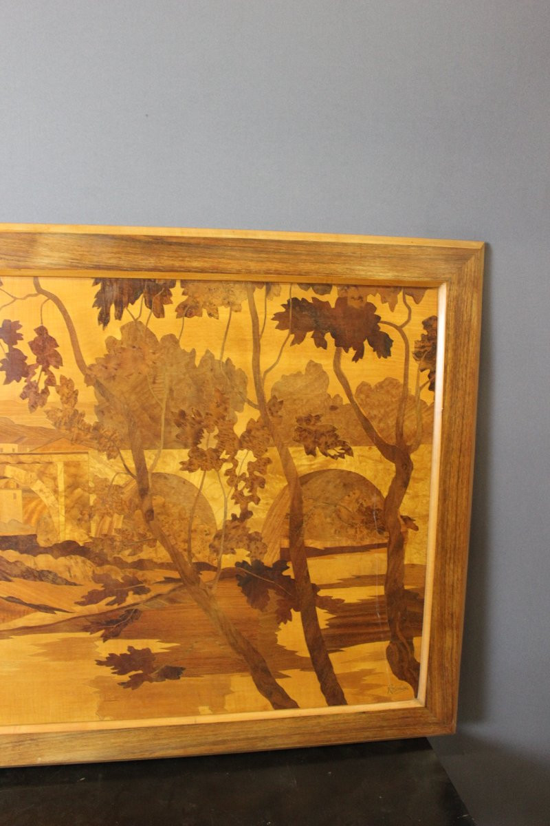 Large Marquetry Panel  Decor Cité De Carcassonne Circa 1930-photo-4