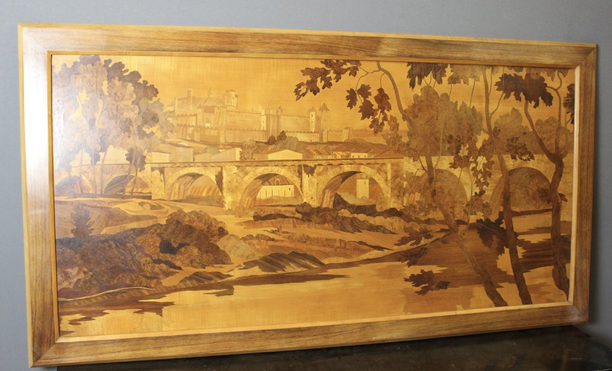 Large Marquetry Panel  Decor Cité De Carcassonne Circa 1930-photo-6
