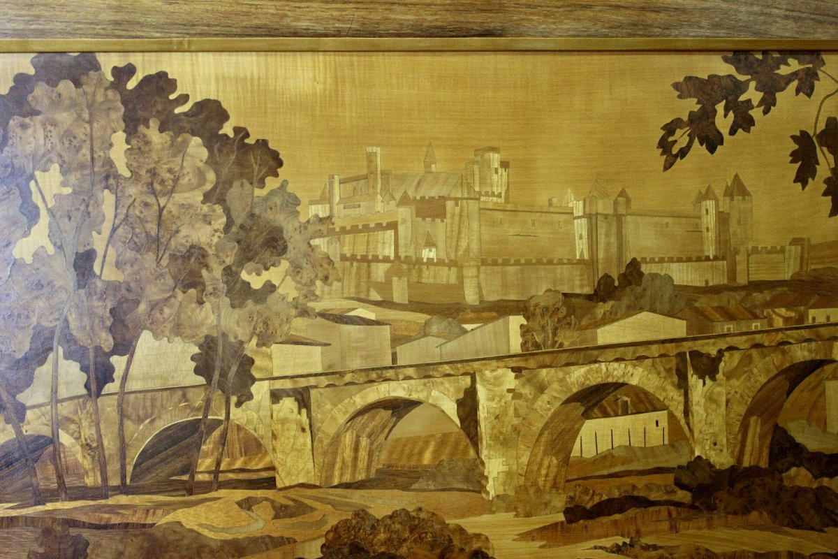 Large Marquetry Panel  Decor Cité De Carcassonne Circa 1930-photo-7