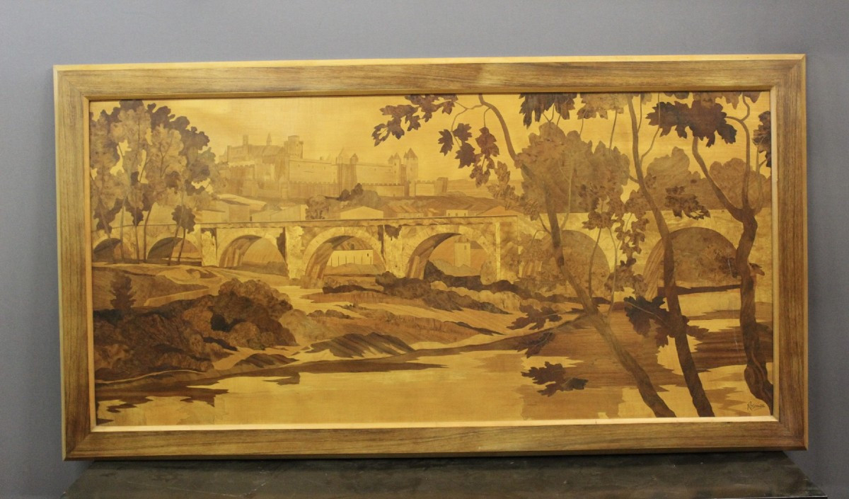 Large Marquetry Panel  Decor Cité De Carcassonne Circa 1930