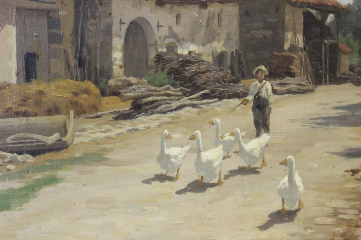 Oil On Canvas By Boudier, Farmyard In The Vosges 19th Century -photo-1