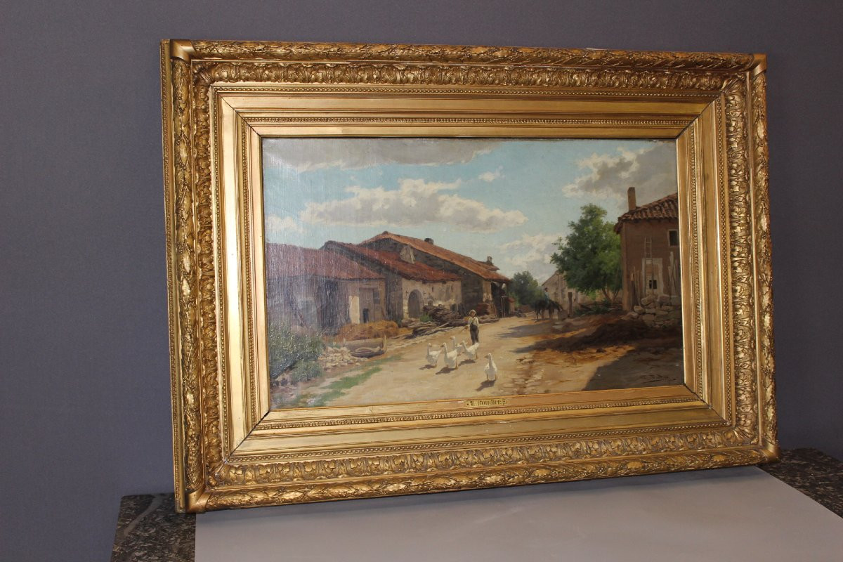 Oil On Canvas By Boudier, Farmyard In The Vosges 19th Century -photo-4