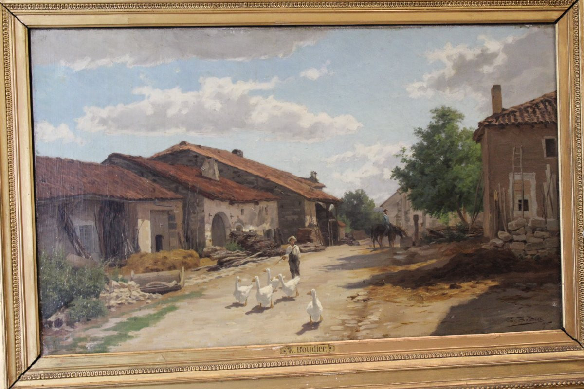 Oil On Canvas By Boudier, Farmyard In The Vosges 19th Century -photo-6