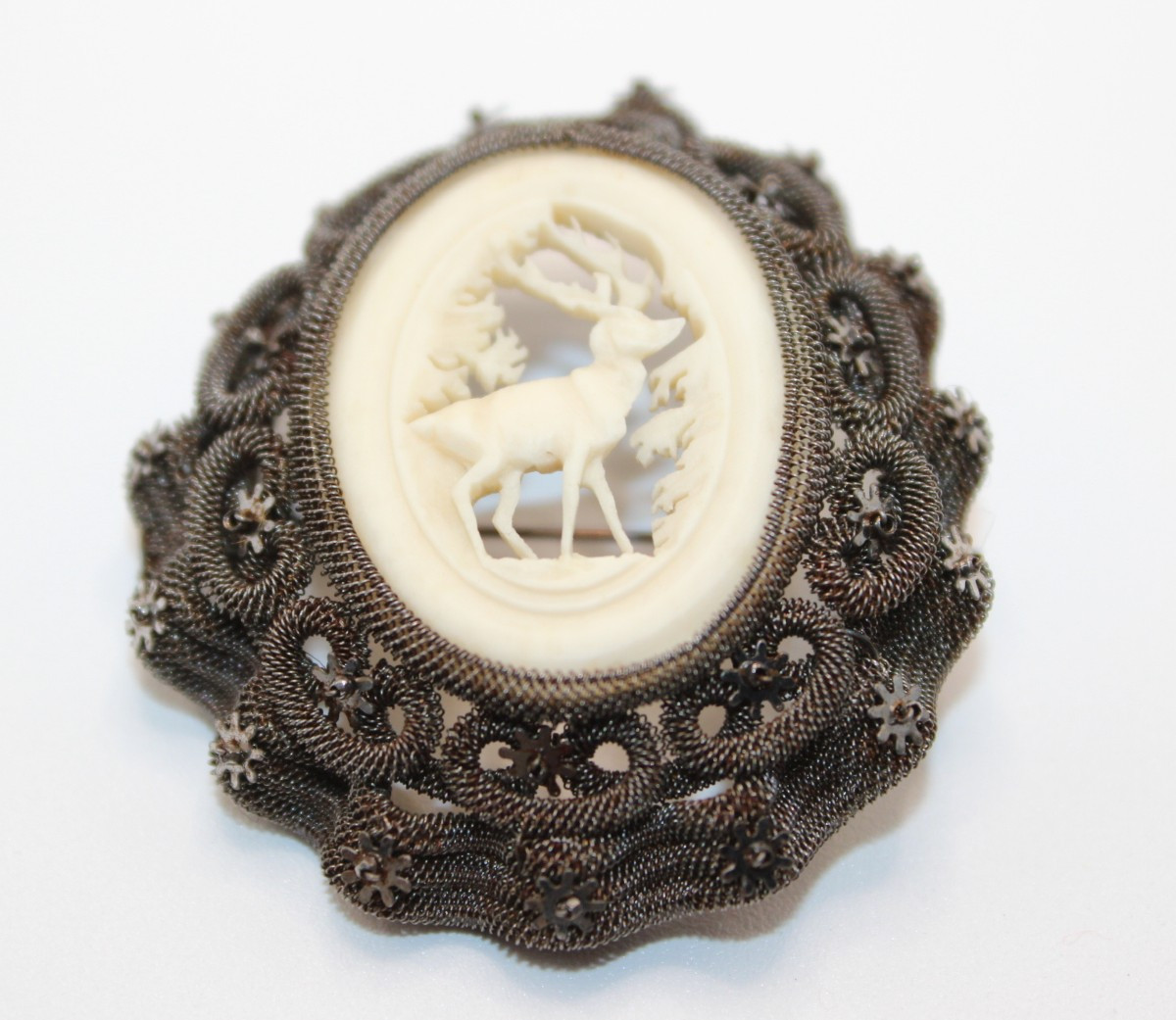 Steel And Carved Bone Brooch With Deer Circa 1900