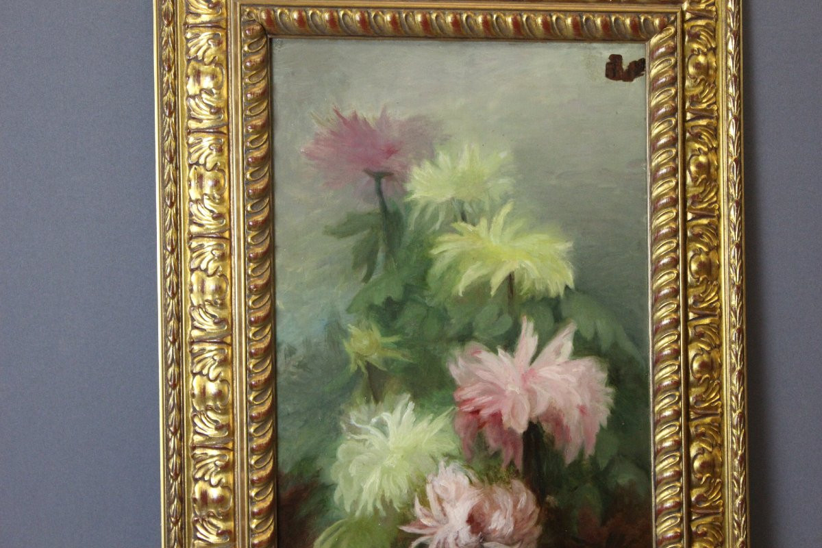 Huile sur toile aux fruits et aux dahlias fin XIX par C. Moll-photo-2