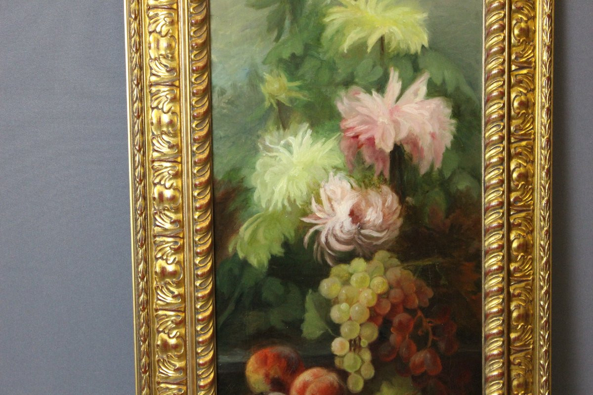 Huile sur toile aux fruits et aux dahlias fin XIX par C. Moll-photo-3