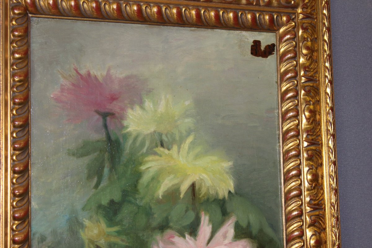 Huile sur toile aux fruits et aux dahlias fin XIX par C. Moll-photo-1
