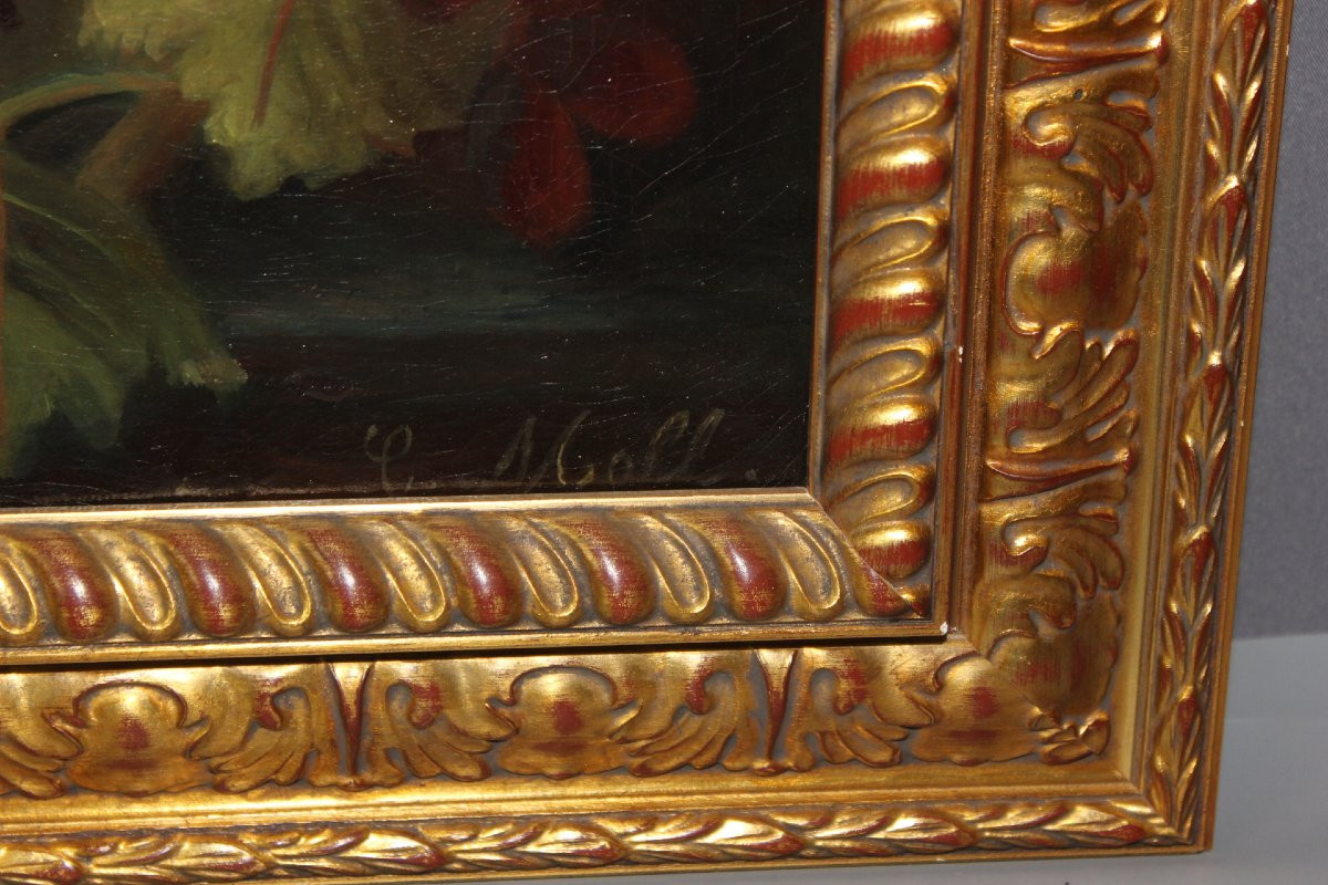 Huile sur toile aux fruits et aux dahlias fin XIX par C. Moll-photo-3