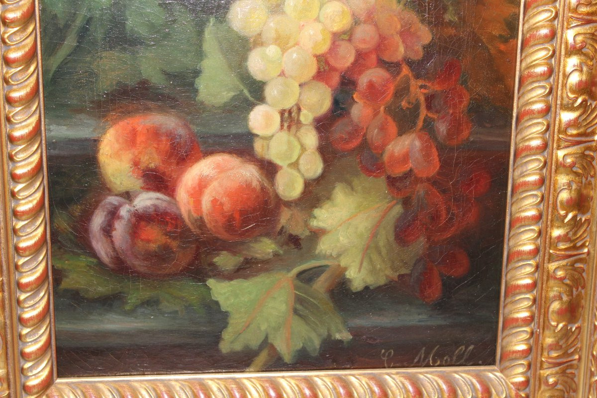 Huile sur toile aux fruits et aux dahlias fin XIX par C. Moll-photo-4