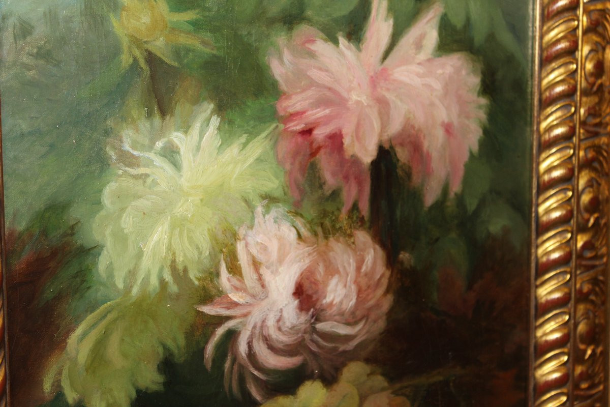 Huile sur toile aux fruits et aux dahlias fin XIX par C. Moll-photo-7
