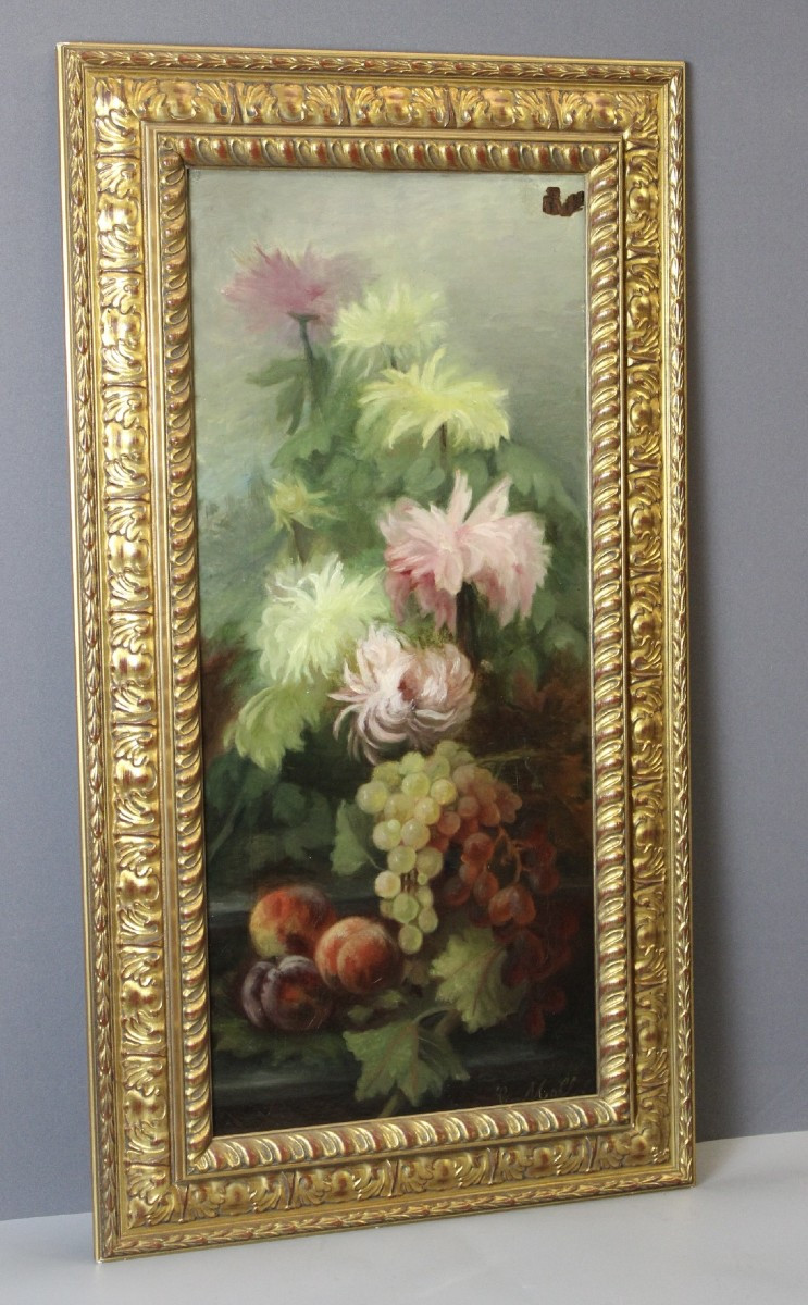 Huile sur toile aux fruits et aux dahlias fin XIX par C. Moll