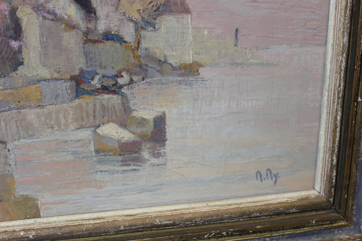 Oil On Canvas Lakeside In The Mountains By M. My-photo-3