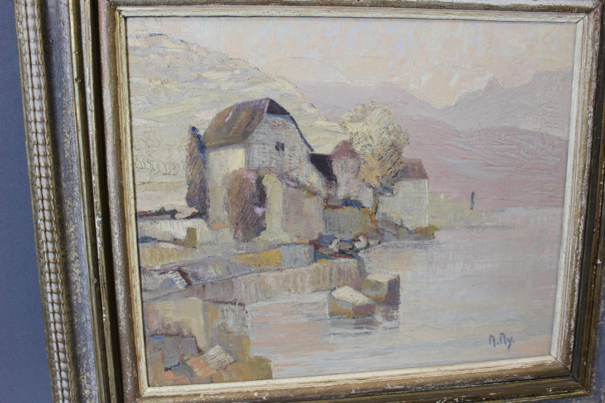 Oil On Canvas Lakeside In The Mountains By M. My-photo-4