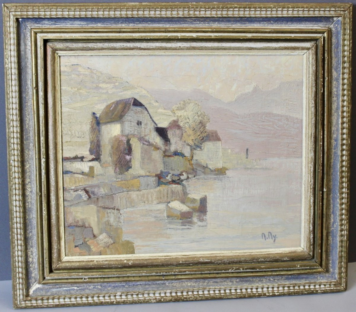 Oil On Canvas Lakeside In The Mountains By M. My-photo-1