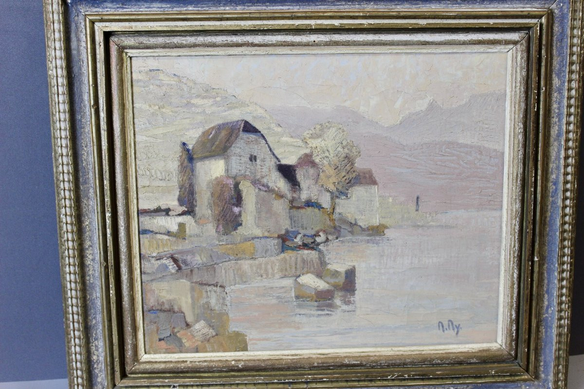Oil On Canvas Lakeside In The Mountains By M. My-photo-5